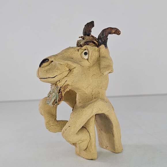 Whimsical Goat Clay Sculpture Pot Hanger Sitter By Kay - Picture 2 of 9